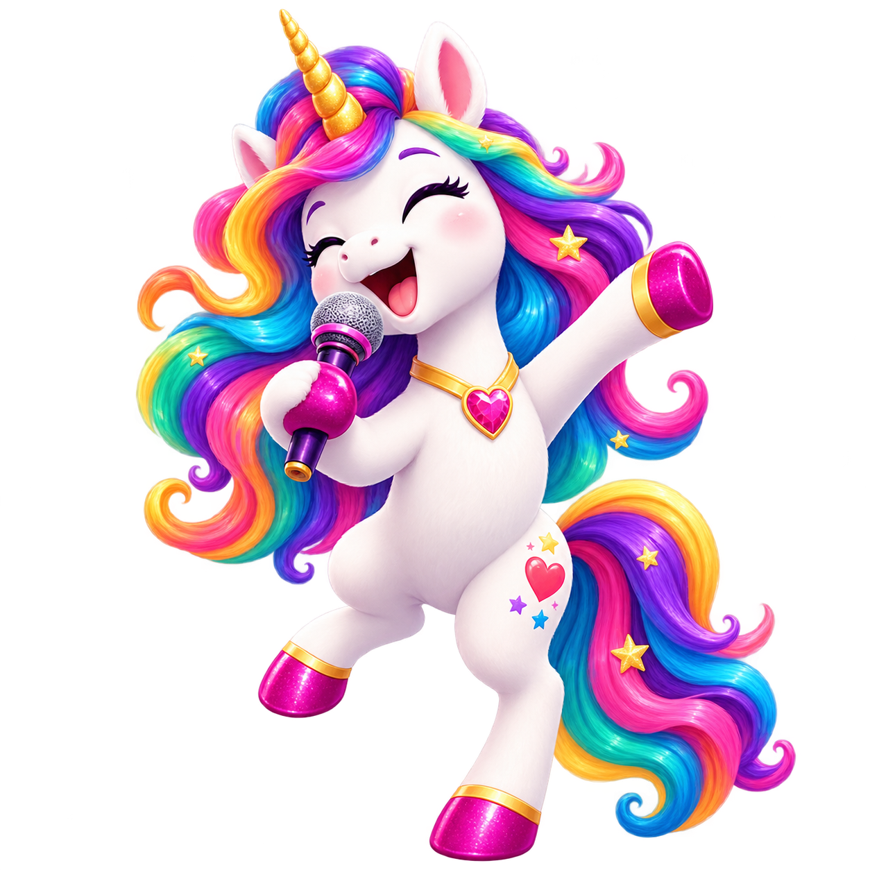 A rainbow-haired unicorn singing into a microphone